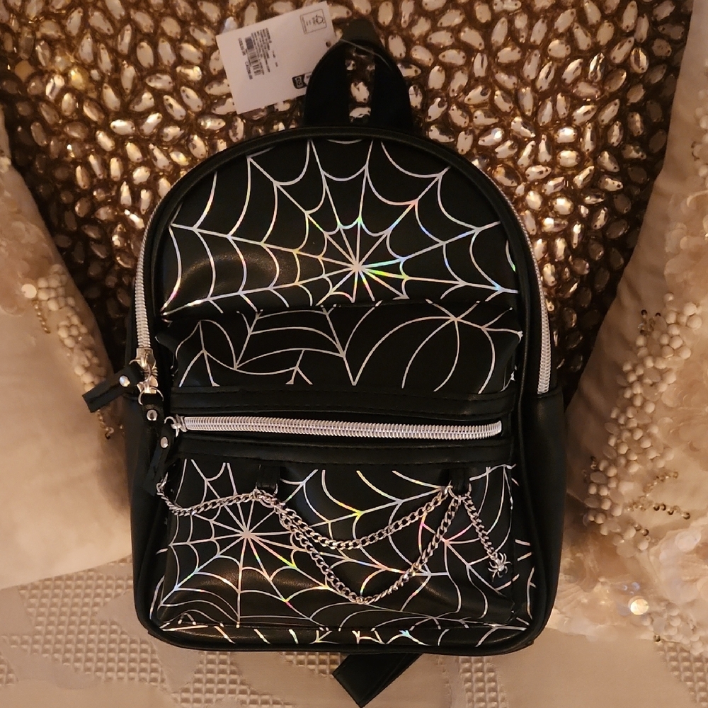 Black Silver Metallic Spider Web Backpack. NEW With TAGS!